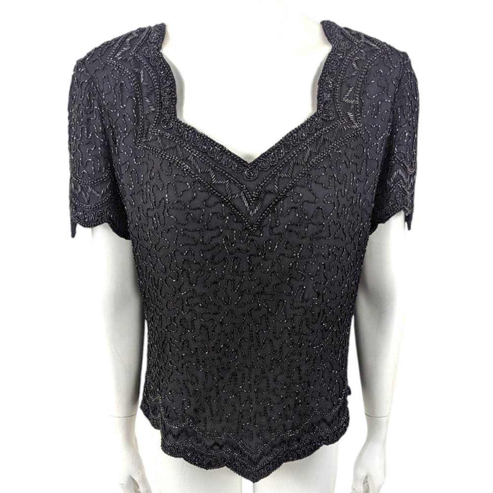 Vintage 90s Beaded Silk Blouse Evening Top Formal Womens Large Black Whimsigoth